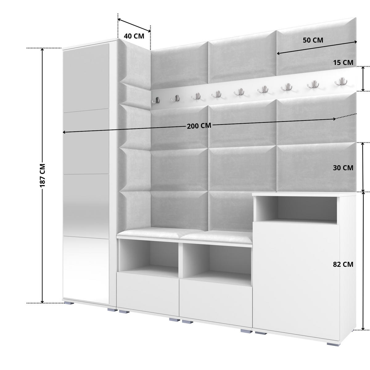GARDEROBE NELA X 200 cm (Modulare Flurmöbel Weiß mit Spiegel & Sitzpolster Hellgrau 32 Schrank + Sideboard) - Silberfarben/Hellgrau, Holz/Holzwerkstoff (200/187/40cm) - Ravio