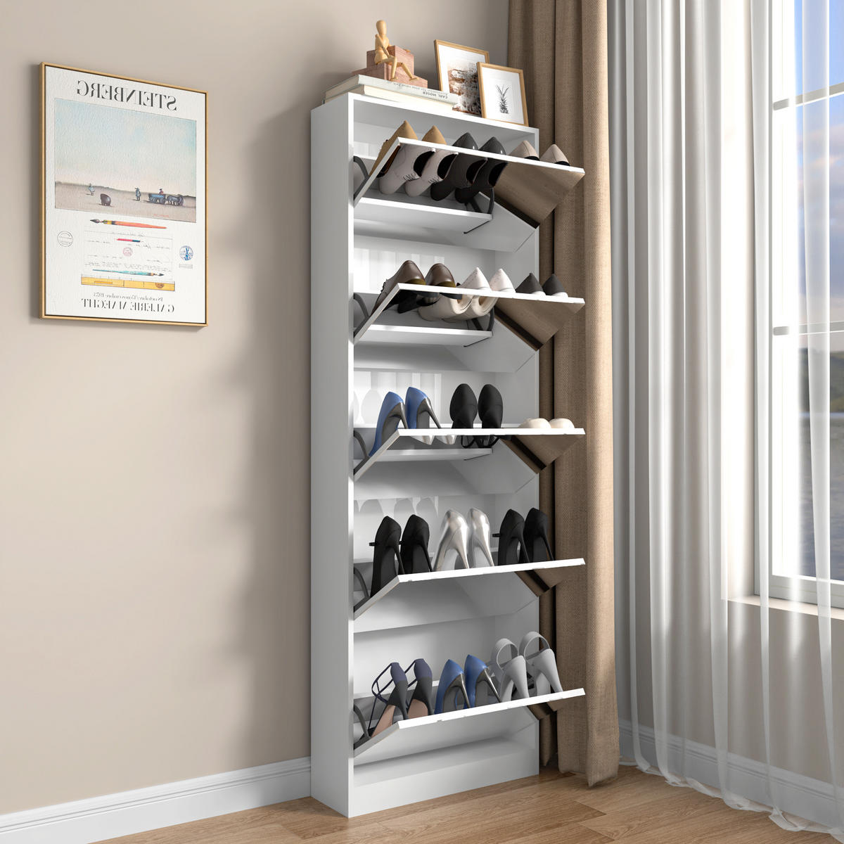 SCHUHSCHRANK 63/20/185 cm weiß aus MDF mit Ganzkörperspiegel - Weiß, Holzwerkstoff (63/185/19.6cm) - OKWISH