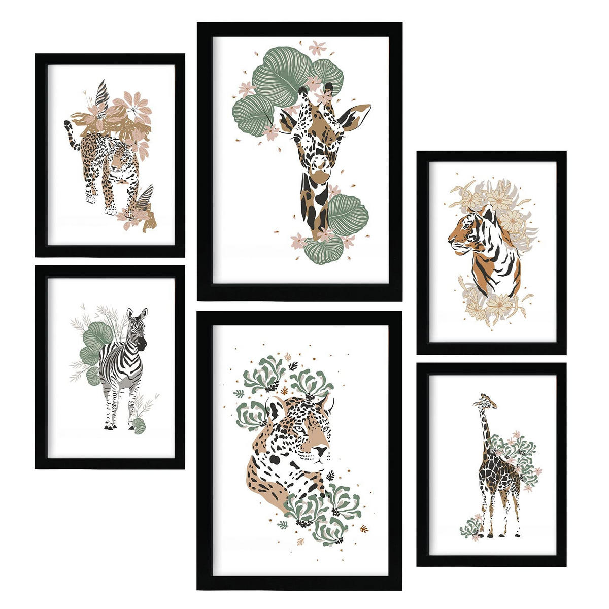 POSTER Set Mit 6 Dschungeltier Größe A3 & A4 Schwarzer Rahmen - Schwarz, Papier (29.7/1cm) - Nacnic