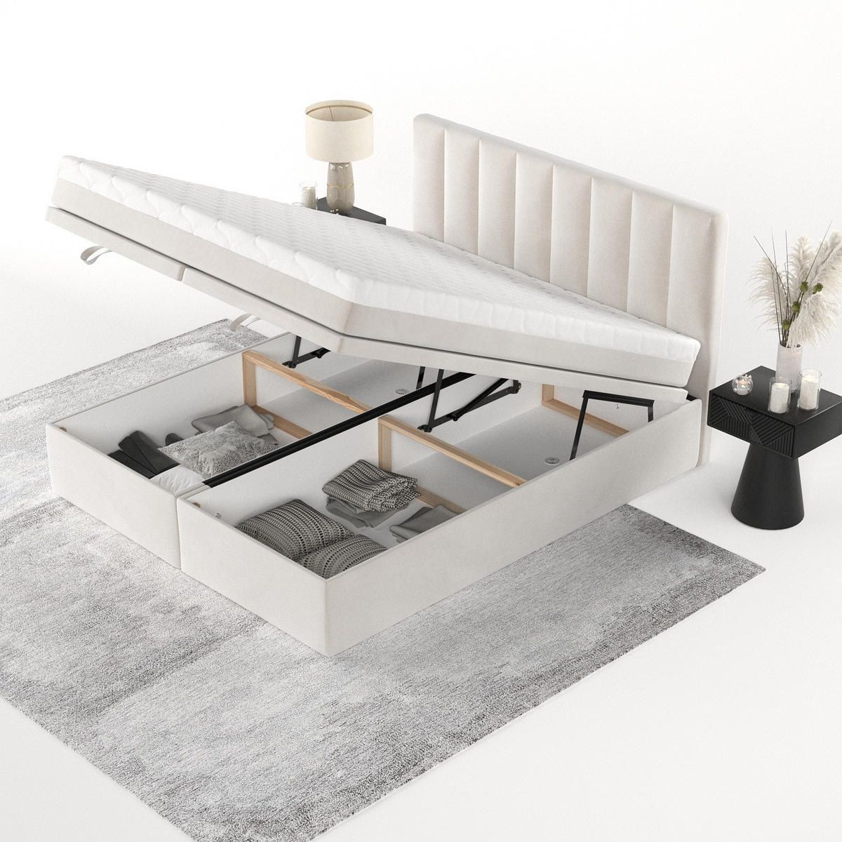 BOXBETT Lume 180/200 cm Creme im Paros Stoff - Creme/Schwarz, Holz/Holzwerkstoff (180/200cm) - AltaBeds