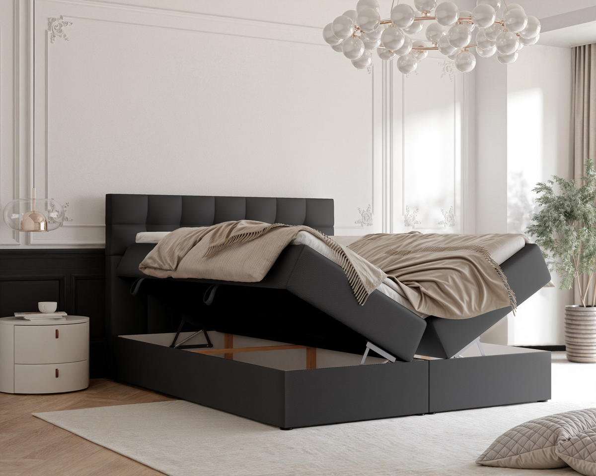 BOXBETT GRAND 180/200 cm, in Schwarz, mit Matratze und Topper - Schwarz, Holzwerkstoff/Textil (180/200cm) - Idohome