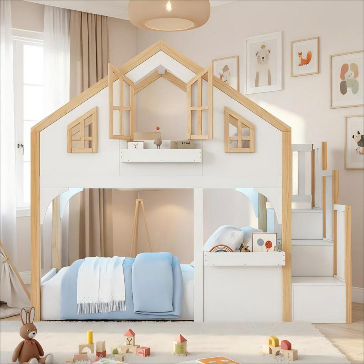 ETAGENBETT 90/200 cm in Weiß & Natur mit Stauraumtreppe und LED - Weiß, Holz/Holzwerkstoff (90/200cm) - WISHDOR