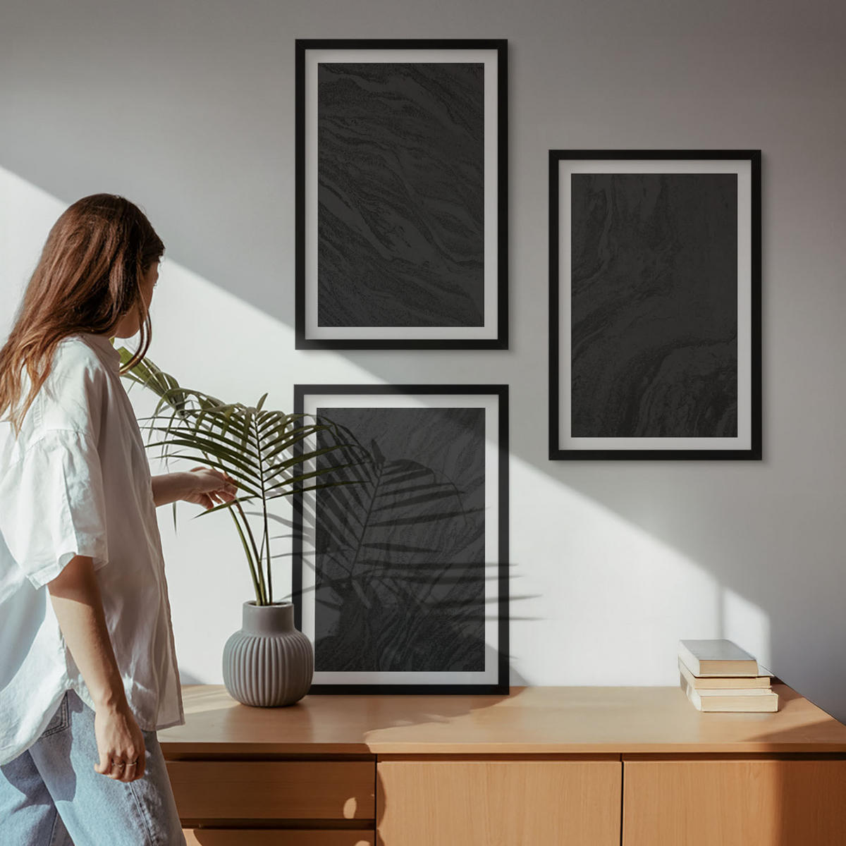 BILDER SET 3er Set - 40x60 cm Schwarzer Rahmen - Dunkler Marmor, elegante Texturen - Schwarz, Kunststoff (40/60cm) - TULUP