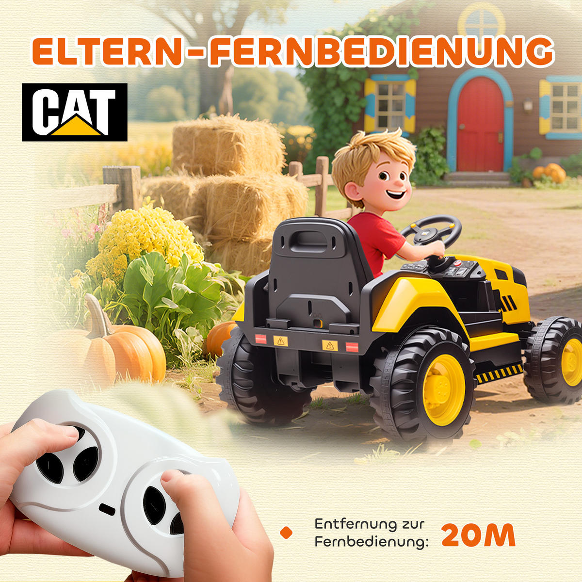 ELEKTRISCHER Traktor Offiziell CAT-lizenziert 12 V Aufsitztraktor mit Musik - Gelb, Kunststoff (100/63/56cm) - AIYAPLAY