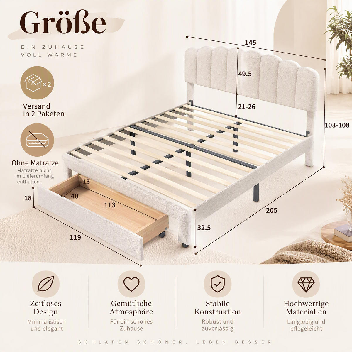 POLSTERBETT 140x200 cm mit Stauraum, Doppelbett mit Schubladen, USB und Typ-C, Lattenrost, verstellbares Kopfteil, Teddy-Fleece Beige - Beige, Holz/Metall (140/200cm) - GENKI LIVING