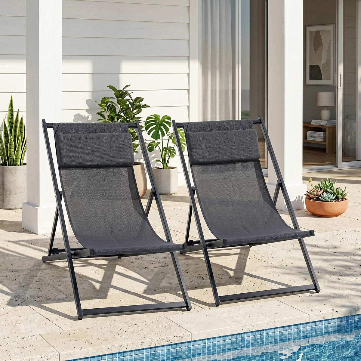 SONNENLIEGE Set aus 2 klappbaren Dunkelgrau 96,5 x 58 x 91,5 cm - Grau, Metall (60/85/100cm) - Vallsero