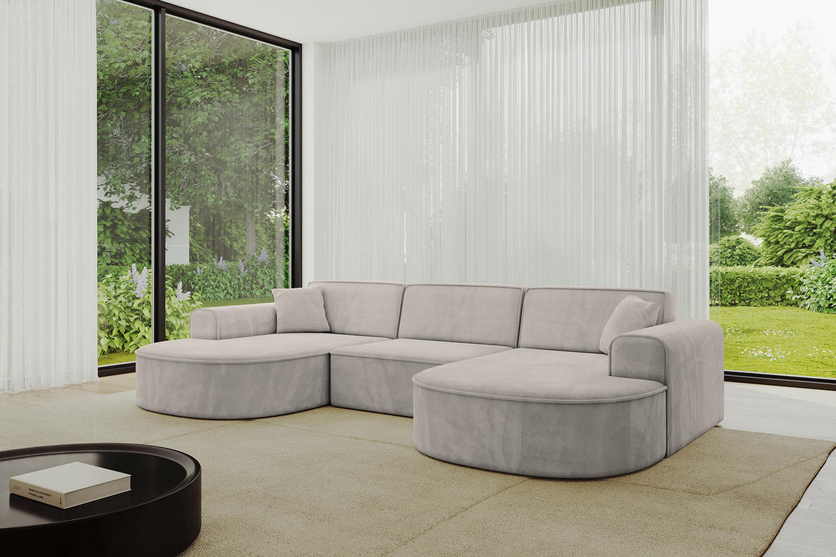 WOHNLANDSCHAFT MARI-U1 - 303x171x79 cm Hellbraun Velours - Hellbraun/Schwarz, Holzwerkstoff/Kunststoff (303/79/171cm) - ALTDECOR