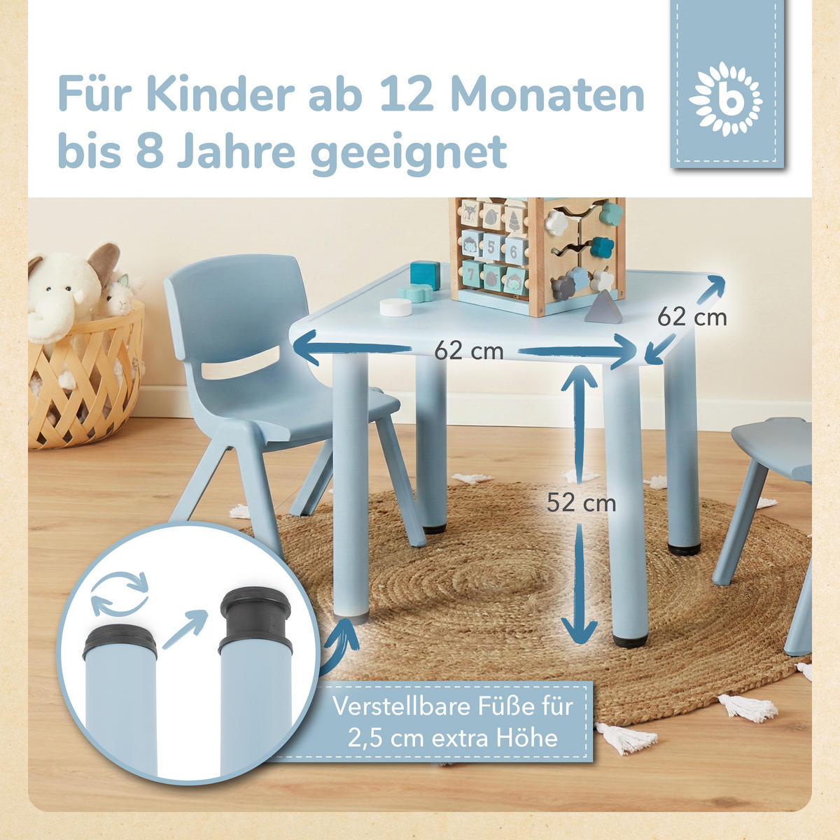 KINDERTISCH Groß Hazy Blue 62x 62x 52 cm Kinder-Tisch Gartentisch Kinder Kunststoff Gartenmöbel Kinder Outdo - Blau, Kunststoff (62/52/62cm) - Bieco Spielwaren