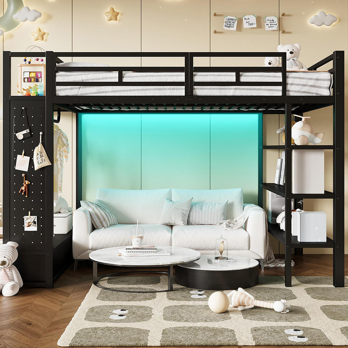 HOCHBETT 140x200 cm mit offenem Kleiderschrank, Lochwand und LED-Beleuchtung, schwarz - Schwarz, Metall (140/200cm) - KOMHTOM