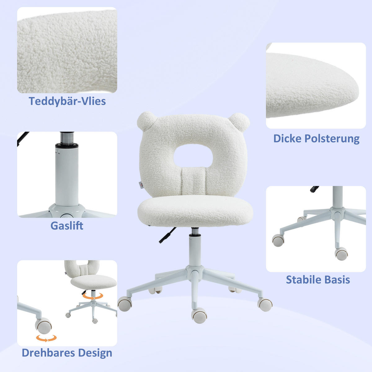 BÜROSTUHL Höhenverstellbarer Schreibtischstuhl Teddy-Vlies Drehstuhl Weiß - Weiß, Kunststoff (56/90/50cm) - HOMCOM