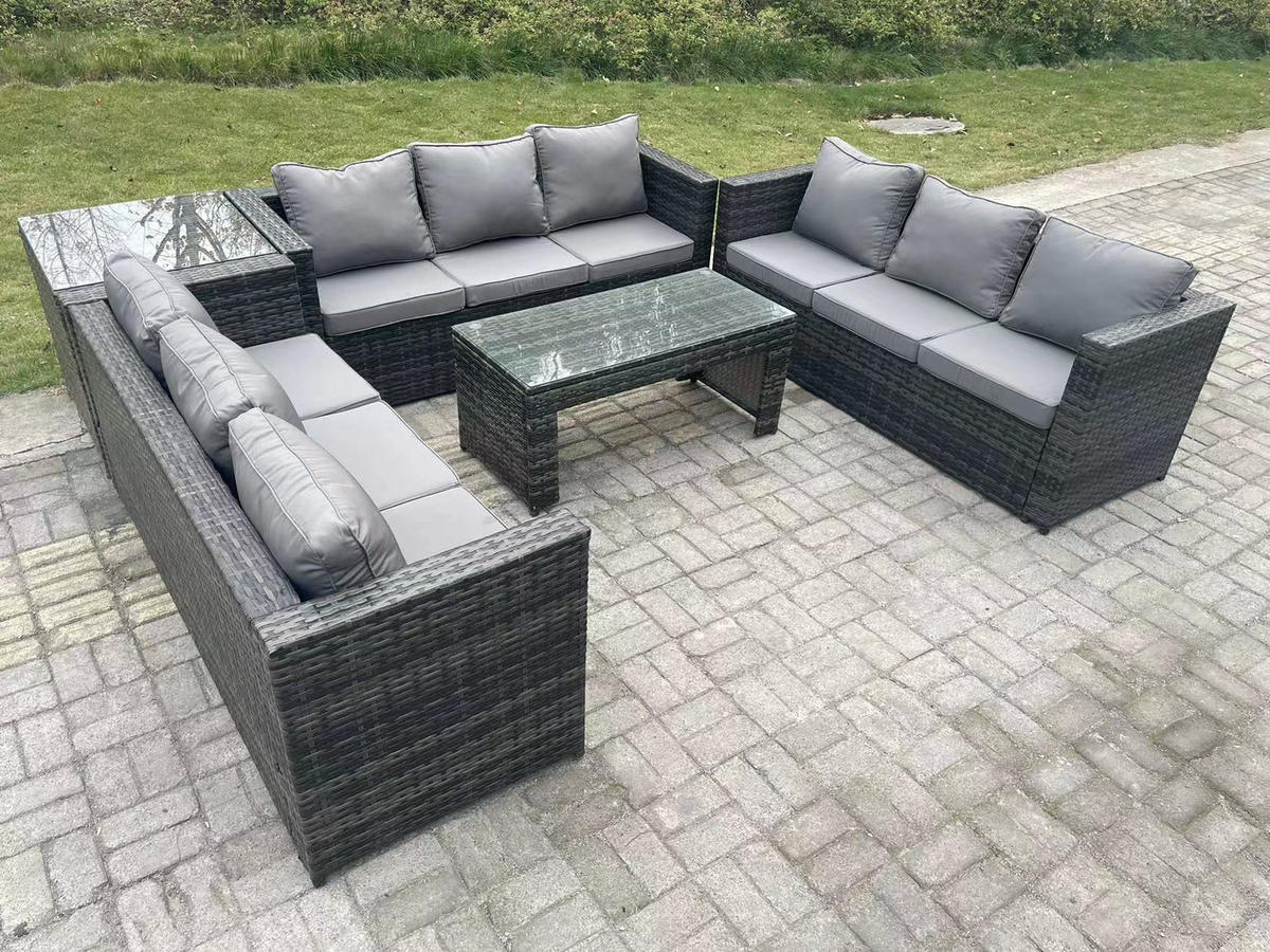 GARTENSOFA Hohe Rückenlehne Polyrattan 9-Sitzer - Dunkelgrau/Grau, Glas/Kunststoff - Fimous