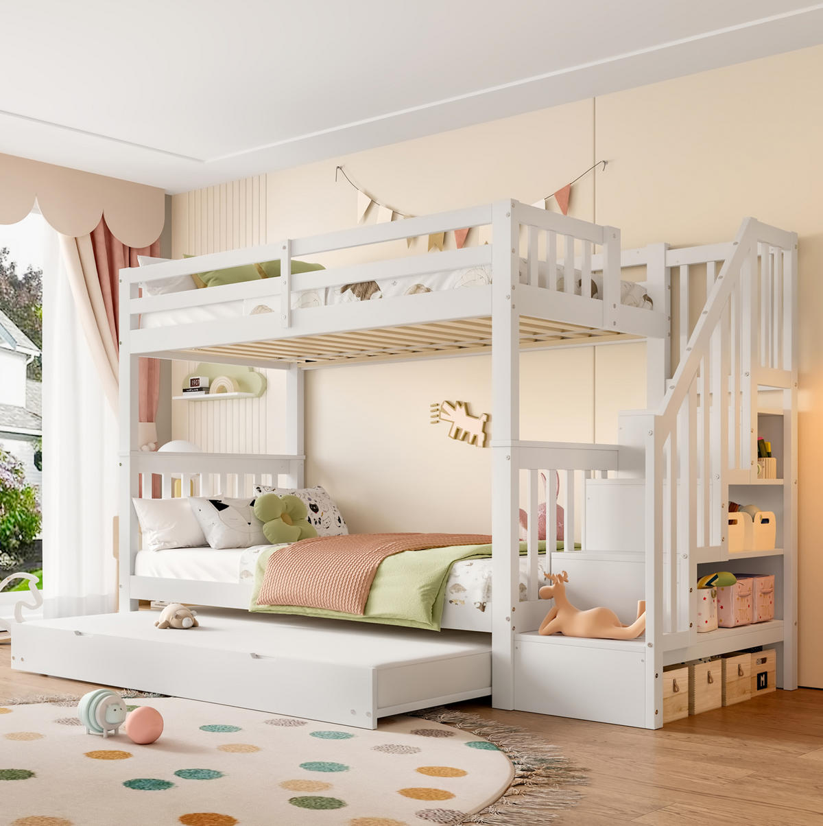 ETAGENBETT 90/200 cm mit ausziehbarem Rollbett, Treppenregal und hohen Sicherheitsgittern, Weiß - Weiß, Holzwerkstoff (90/200cm) - Redom