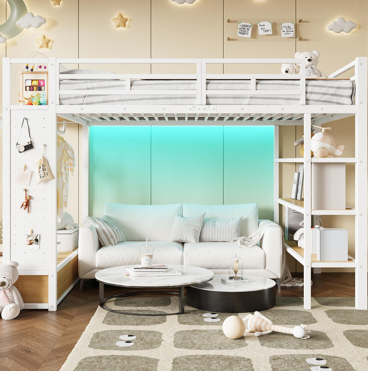HOCHBETT 140/200 cm mit offenem Kleiderschrank, Regalfächern, Lochwand und LED-Beleuchtung, Weiß - Weiß, Holzwerkstoff (140/200cm) - Redom