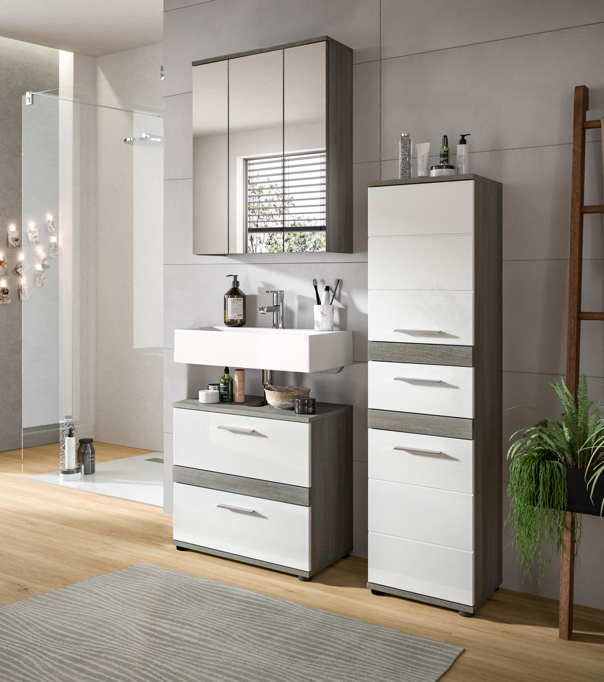 BADMÖBEL-SET weiß Hochglanz. grau 3-teilig 110 cm, Kombination mit viel Stauraum - Weiß Hochglanz/Grau, Holzwerkstoff/Metall (110/191/34cm) - Inn.Furn