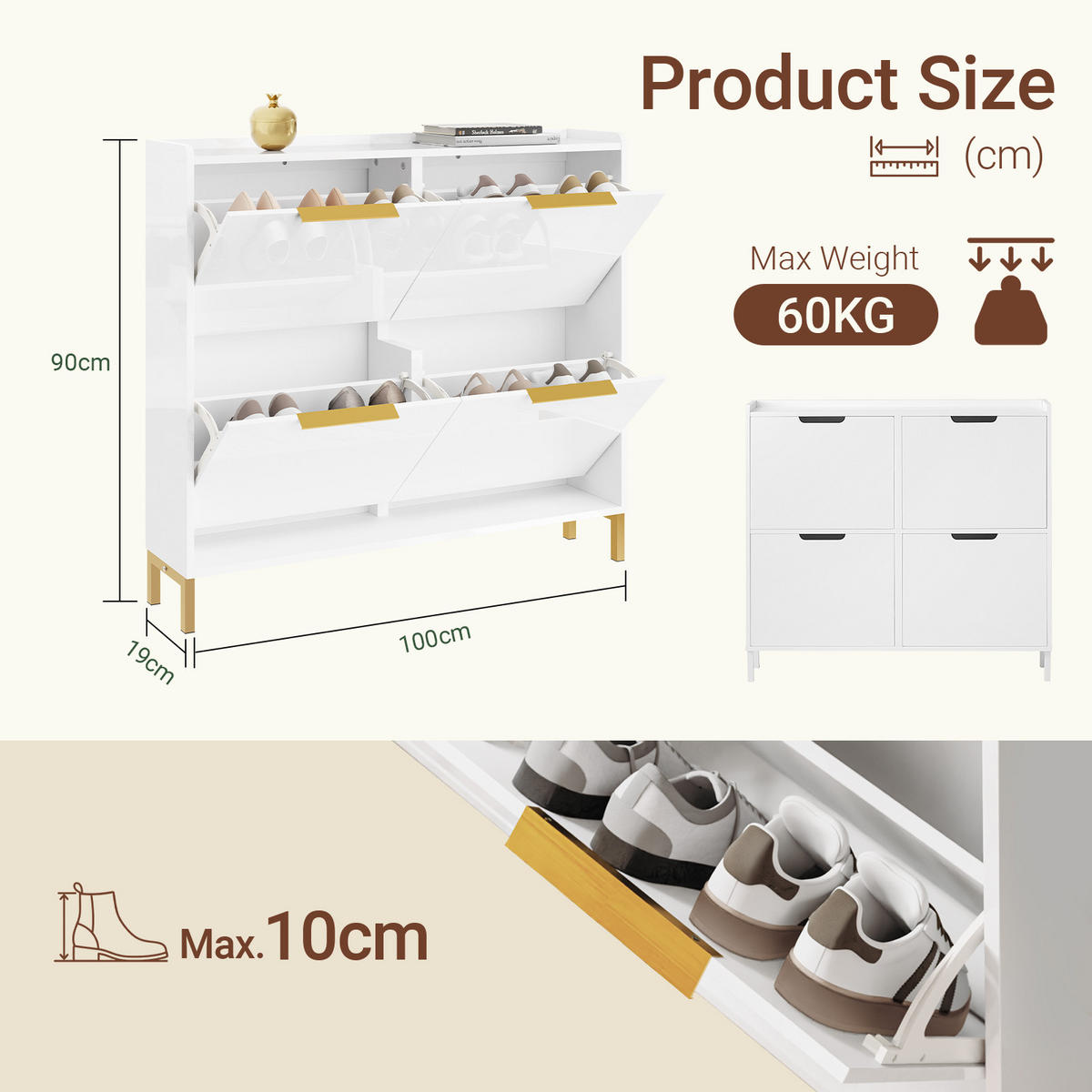 SCHUHSCHRANK weiß hochglanz, 100 x 88 x 19 cm, 4 Klappen für ca. 8 Paare bis EU 46, goldene Griffe und Füße - Weiß, Holzwerkstoff (100/90/19cm) - SoBuy