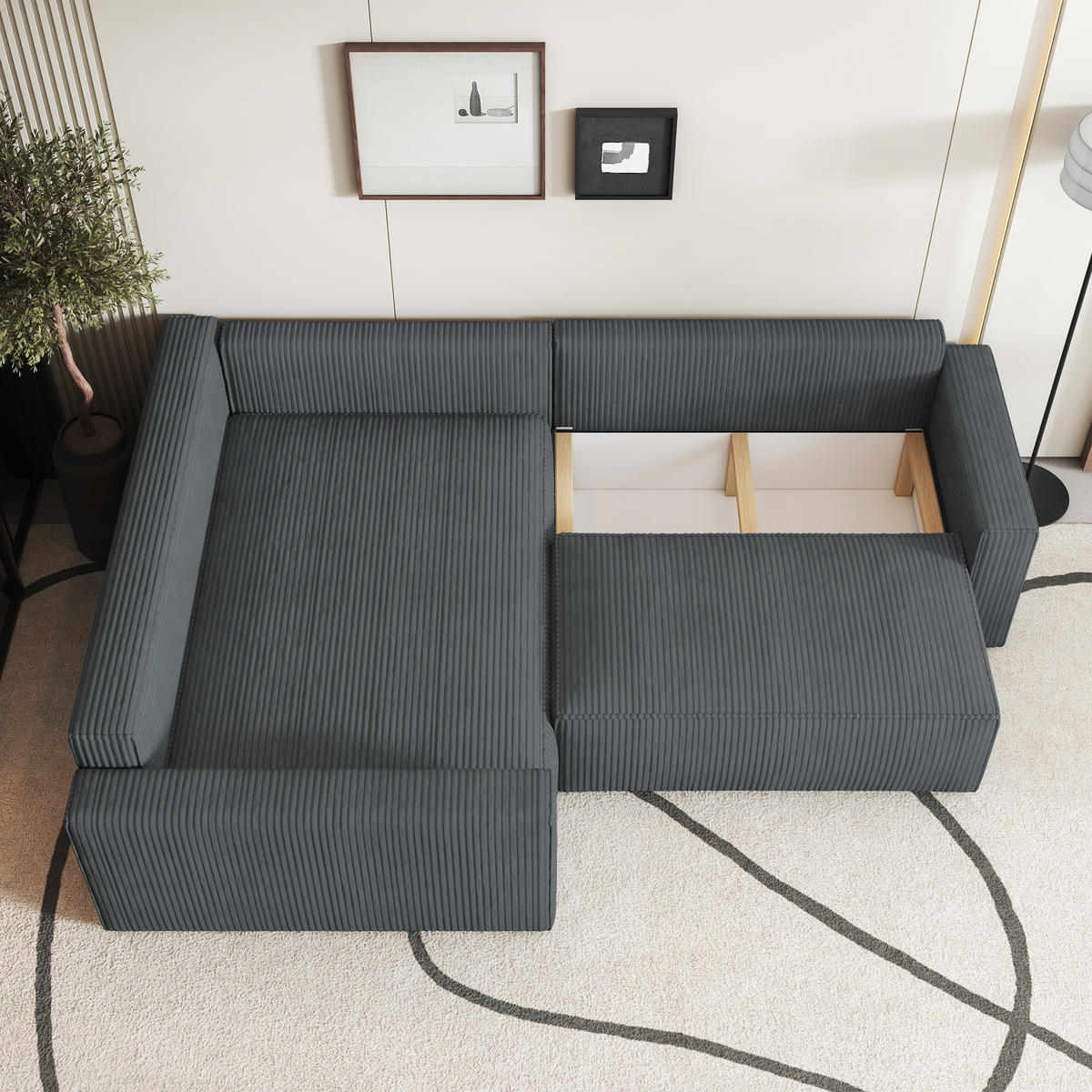 ECKSOFA ERONIS L-S Grau Kordstoff mit Schlaffunktion - Grau, Holz (265/194cm) - MASSENO