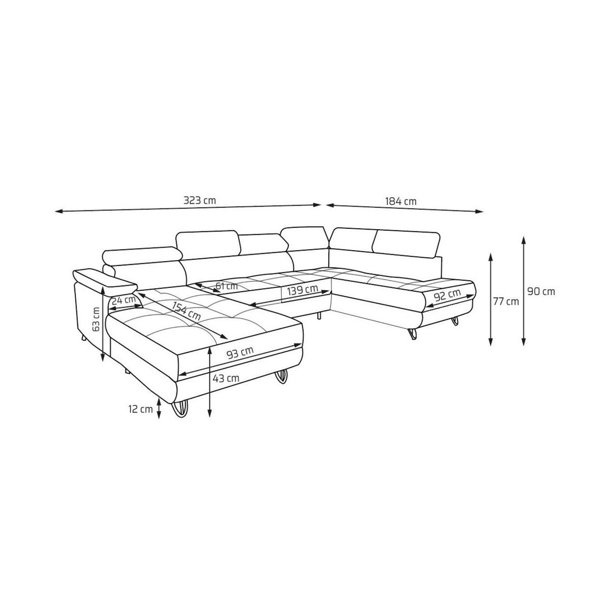 ECKSOFA U-Form JUNIOR U Rechts mit Schlaffunktion 128x254 Velours Dunkelgrün - Dunkelgrün/Schwarz, Holz/Textil (184/90/323cm) - Muffo