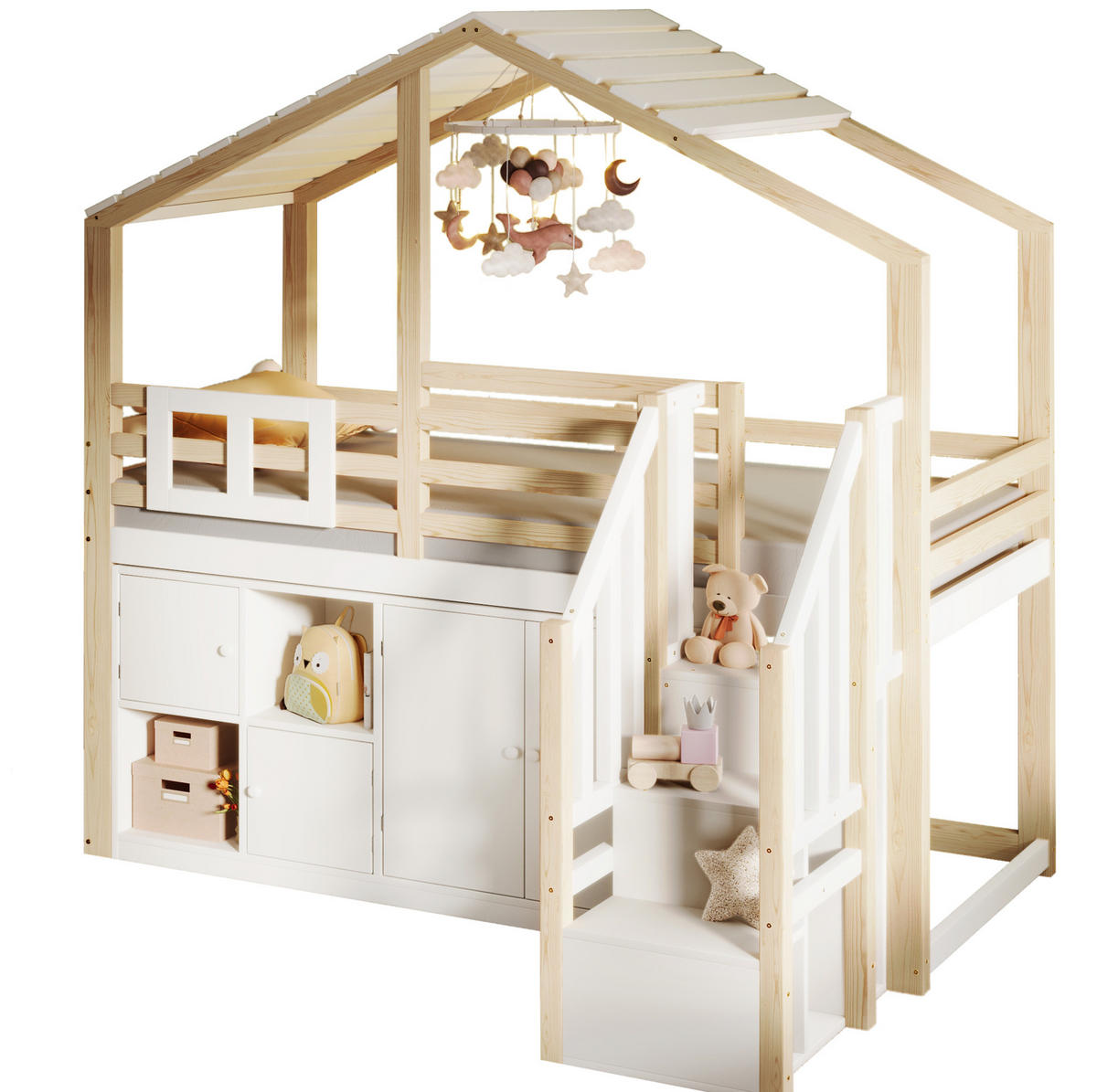 HOCHBETT aus Kiefer 90x200 cm Weiß/Natur mit Stauraumleiter, Schließfächern, Fenster und Hausform - Weiß, Holz (90/200cm) - Modfu