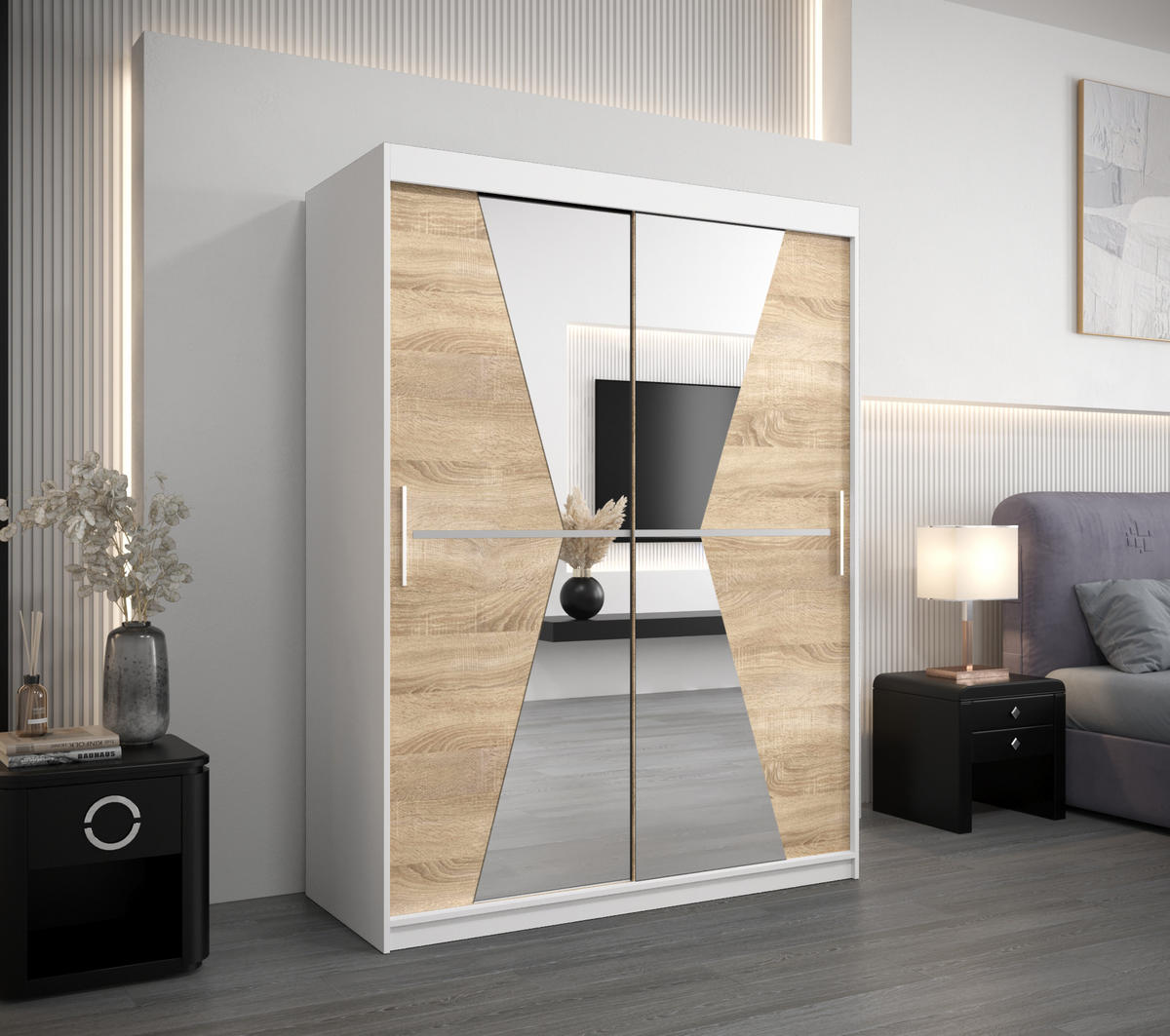 SCHWEBETÜRENSCHRANK 200/150/62 2-türig - Silberfarben/Weiß, Holz/Kunststoff (150/200/62cm) - Abiks Möbel