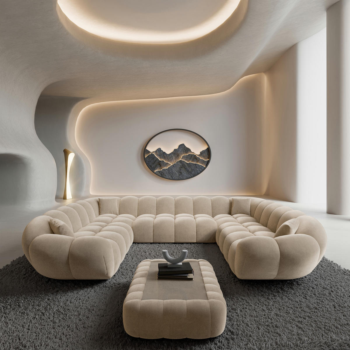 WOHNLANDSCHAFT Liva Creme Samtstoff U-Form XXL Panorama - Creme, Textil (316/70/258cm) - VAROYAL