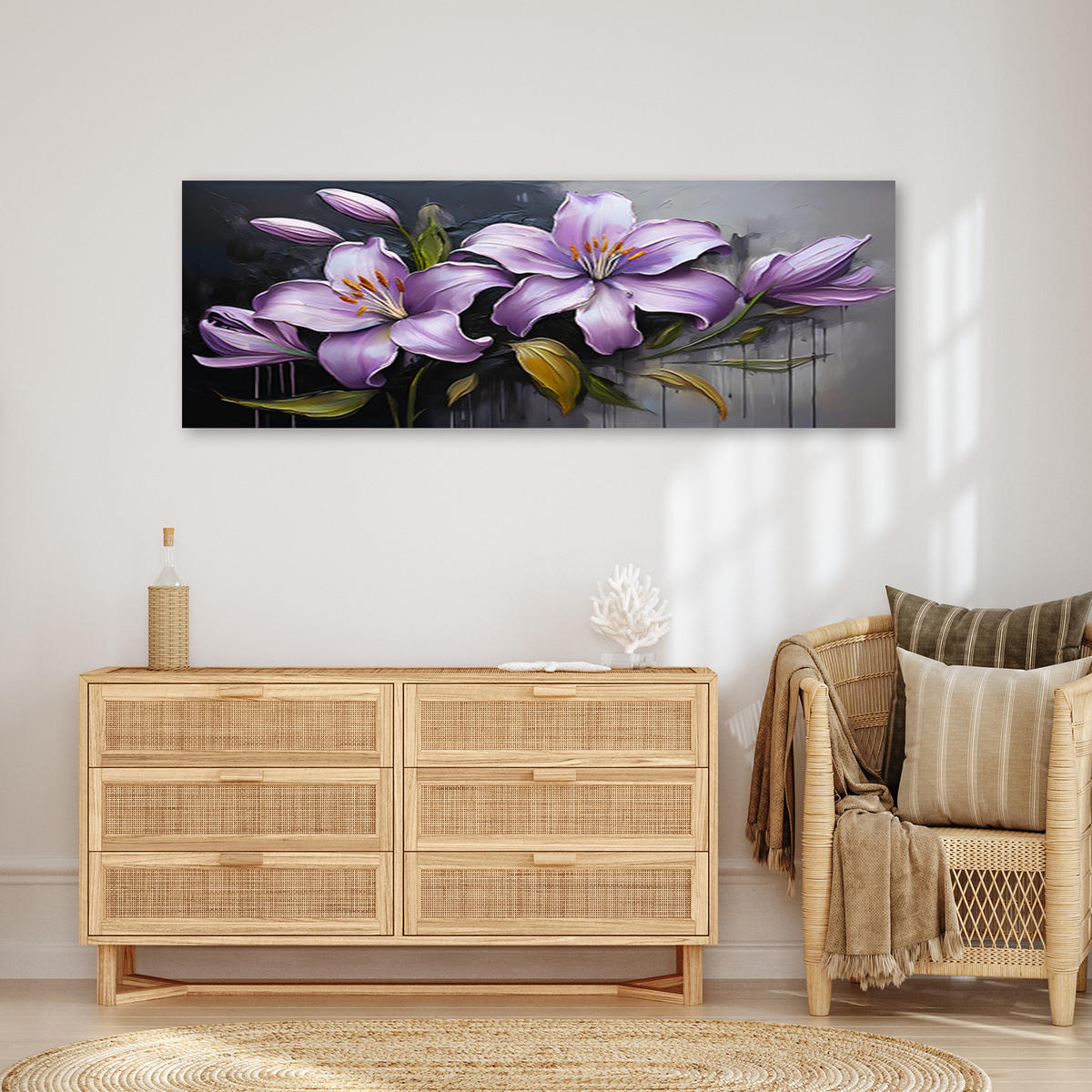 WANDBILD lilienblüten lila bemalt - Lila, Textil (90/30cm) - Feeby