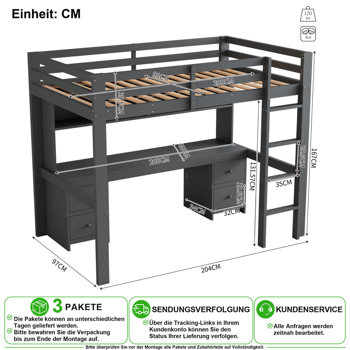 VYVÝŠENÁ POSTEL 90/200 cm v šedé barvě s psacím stolem, zásuvkami a policemi - šedá, dřevo/kompozitní dřevo (90/200cm) - CHICFURN