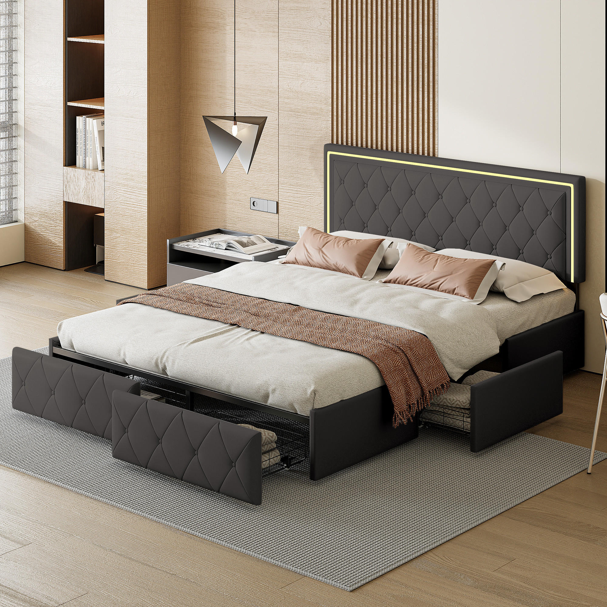 POLSTERBETT 160x200 cm, Grau, LED-Beleuchtung - Grau, Textil/Metall (160/200cm)