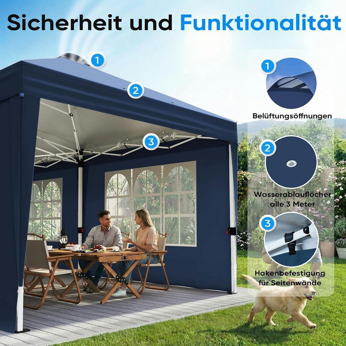 FALTPAVILLON 3x6m mit Seitenwänden und UV-Schutz - Blau, Metall (585/285/293cm)