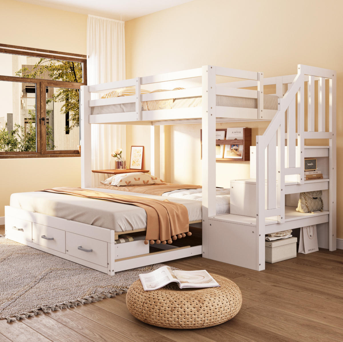 ETAGENBETT 90/200 cm mit Ausziehbett, Stauraumleiter und 3 Schubladen, Weiß/Grau - Weiß, Holzwerkstoff (90/200cm) - Redom
