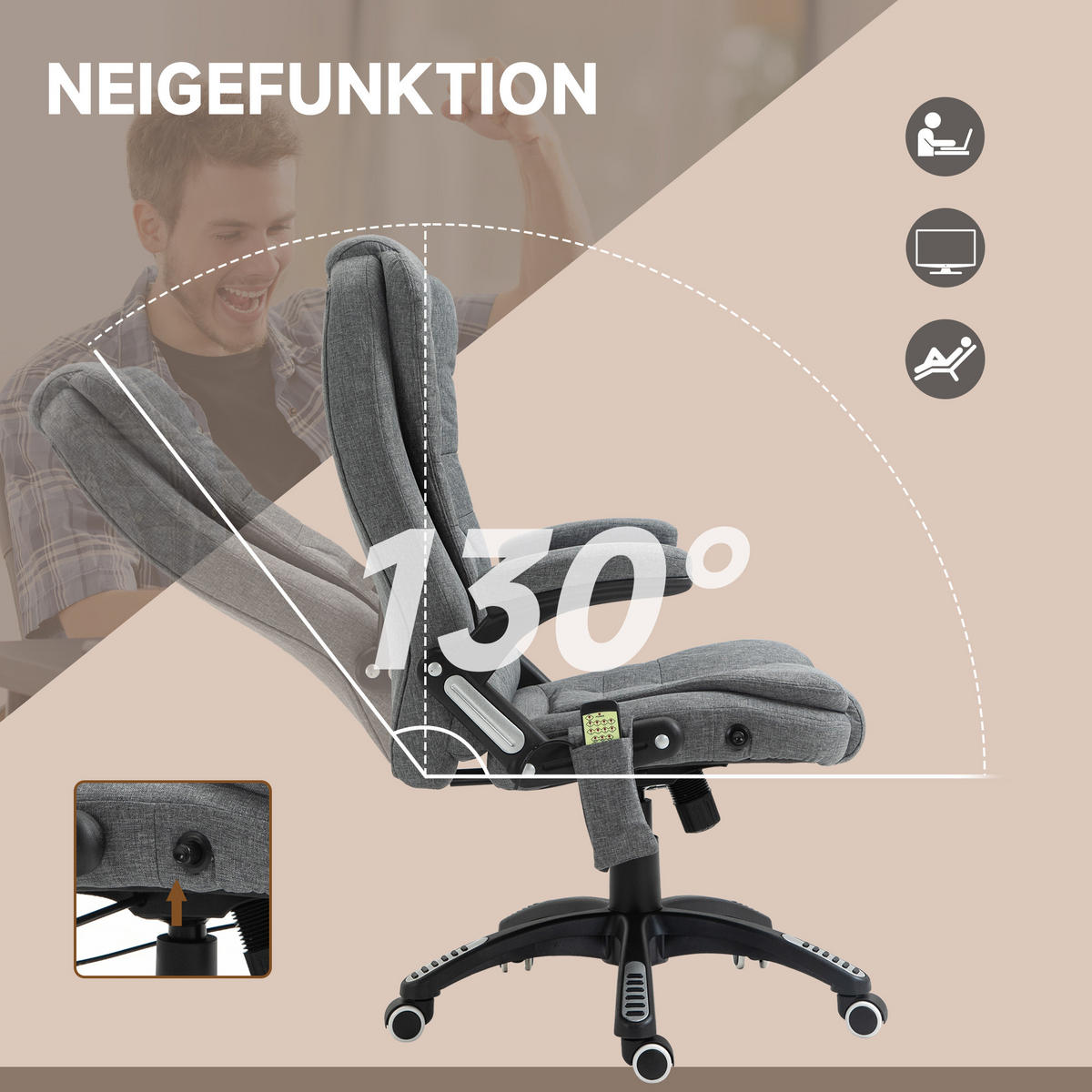 MASSAGESESSEL Chefsessel Gamingstuhl Drehstuhl Massagebürostuhl Grau - Schwarz/Grau, Kunststoff/Textil (74/116/67cm) - Vinsetto
