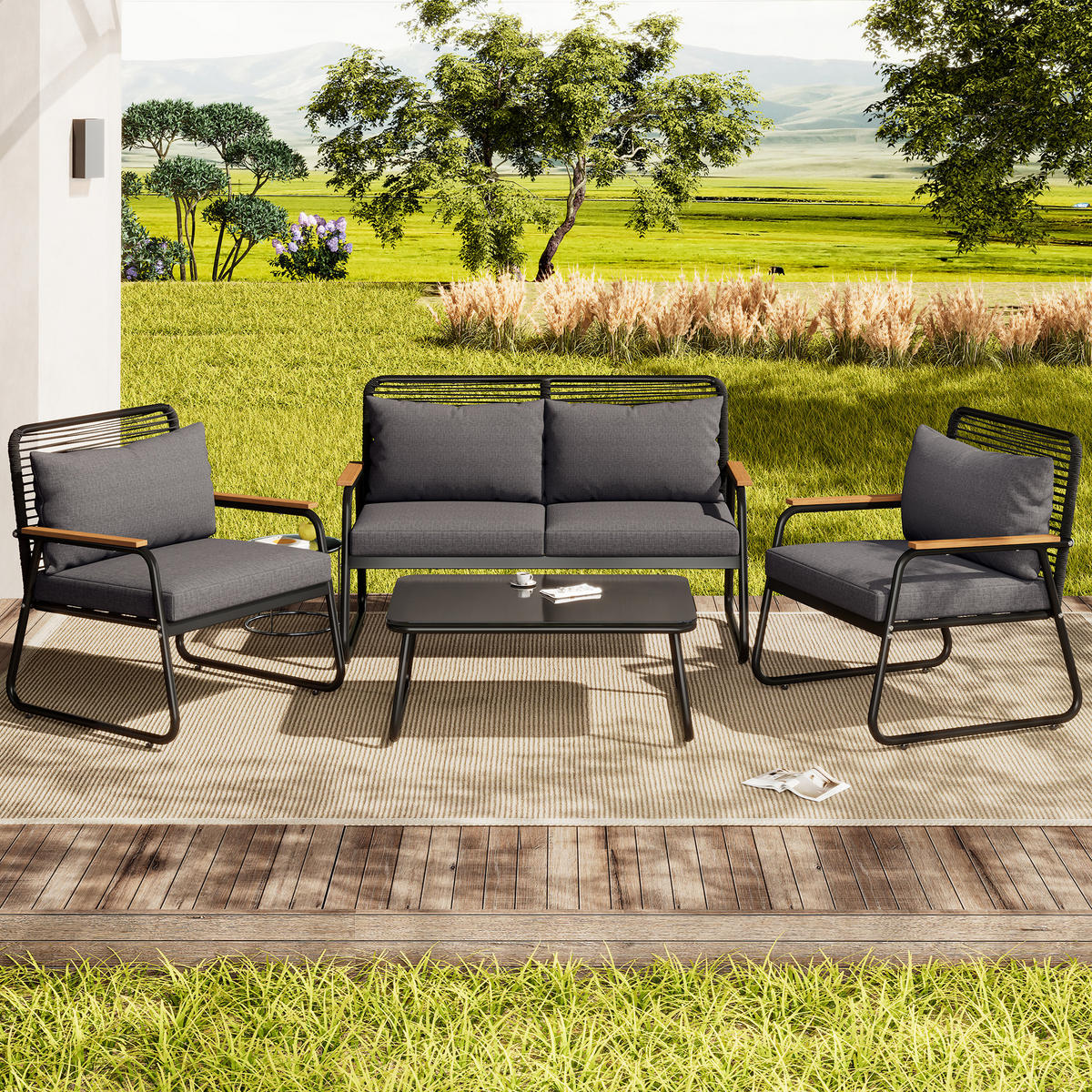 GARTENLOUNGE-SET mit 2 Sessel,Doppelsofa&Glastisch,Gartenmöbelset mit Beine verstellbar - Dunkelgrau/Beige, Textil/Metall - STILVORA