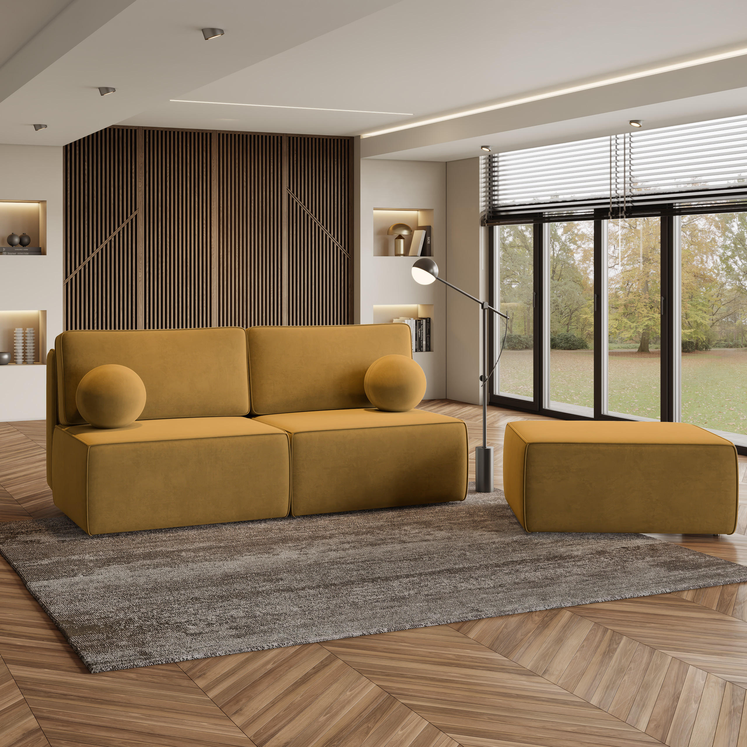 ECKSOFA VARNA M Gelb Velours-Stoff mit Schlaffunktion - Gelb, Holz (196/158cm) - MASSENO
