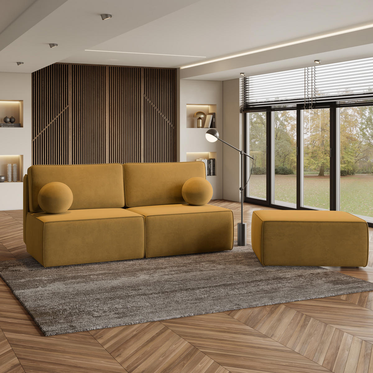 ECKSOFA VARNA M Gelb Velours-Stoff mit Schlaffunktion - Gelb, Holz (196/158cm) - MASSENO
