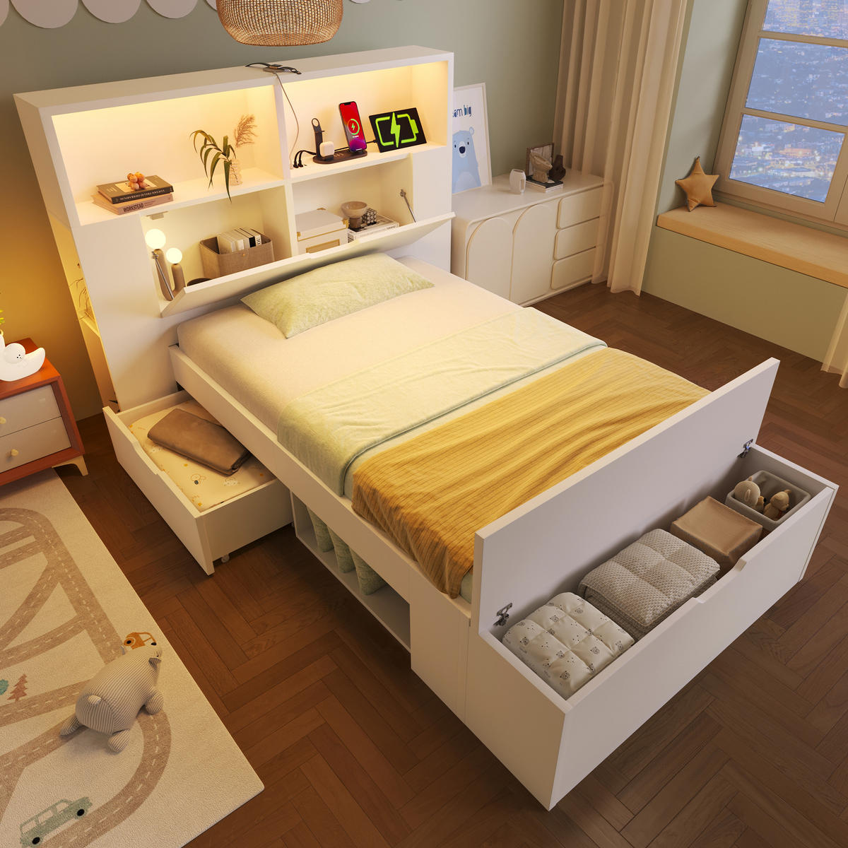 KINDERBETT Kindereinzelbetten 90/200 cm mit LED-Beleuchtung, USB-Anschlüssen, Schubladen, Regalen und Bettbank, Weiß - Weiß, Holzwerkstoff (90/200cm) - Redom