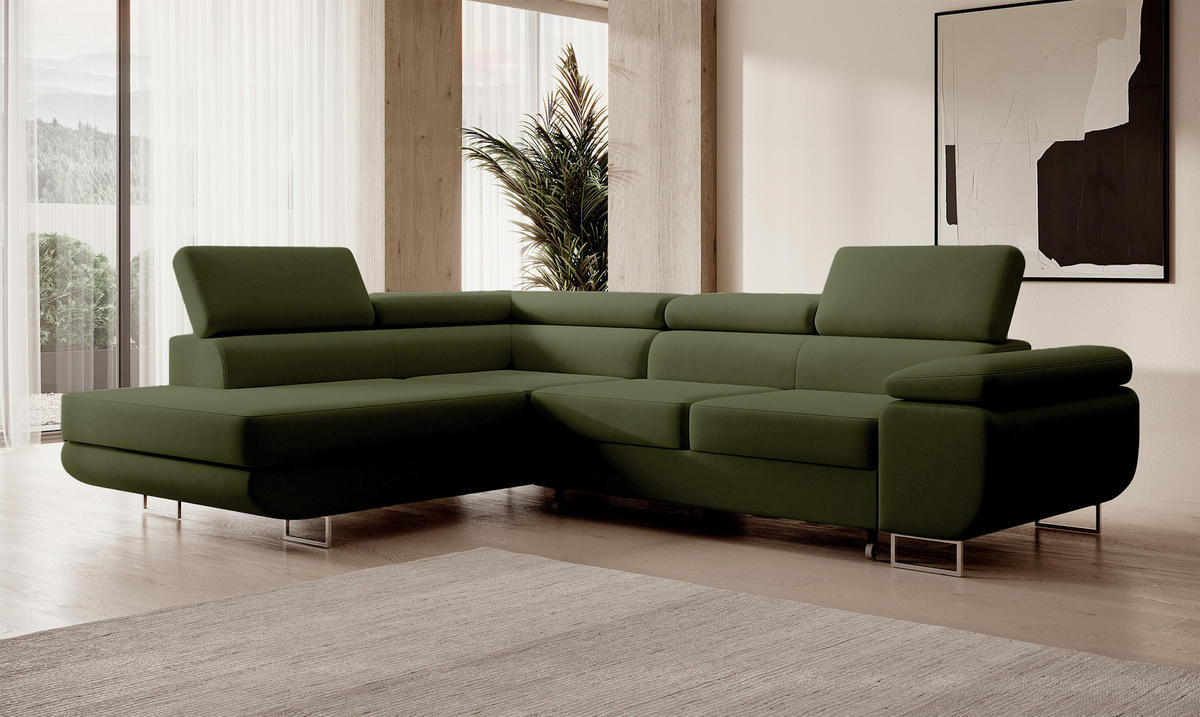 ECKSOFA Stevil Olivgrün Velours - Silberfarben/Olivgrün, Textil/Metall (275/203cm) - Selsey