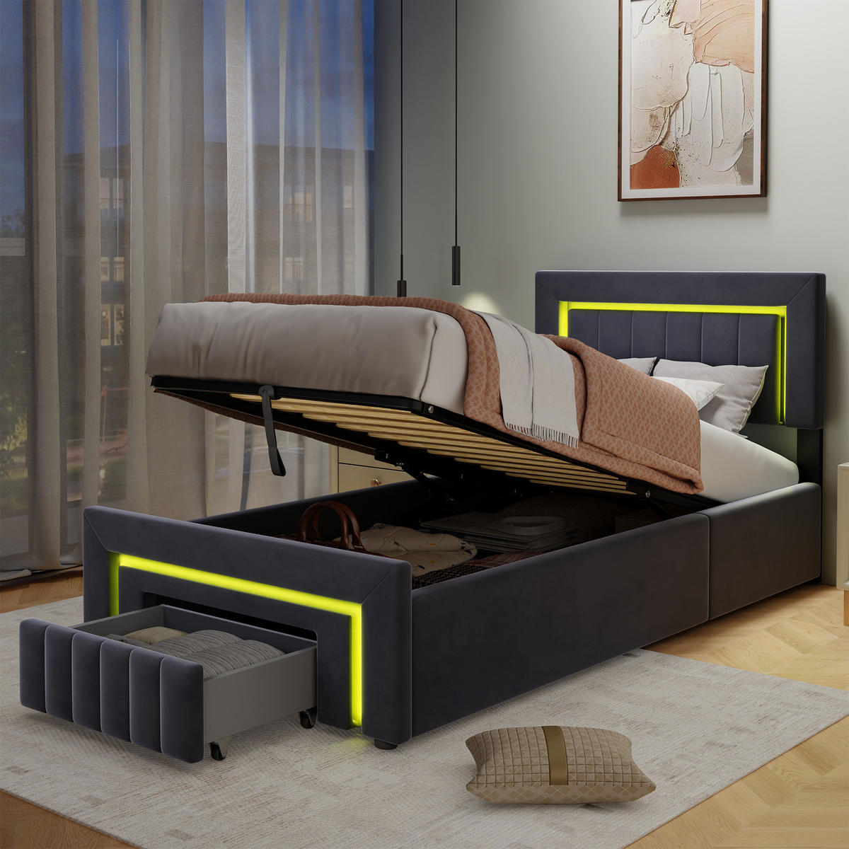 POLSTERBETT 90/190 cm aus Velours mit Bettkasten und LED Beleuchtung - Grau, Textil (90/190cm) - BEAOK