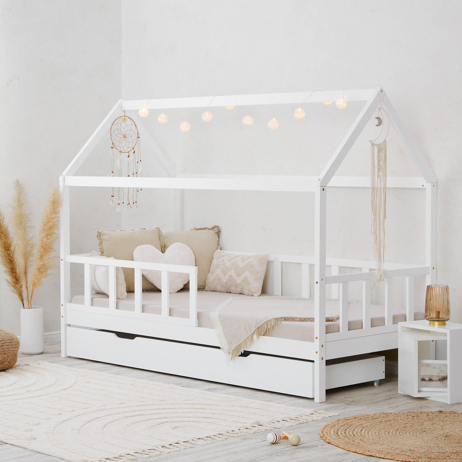 HAUSBETT 90/200 mit Rausfallschutz Weiß - Weiß, Holz (207/158/96cm) - Homestyle4u