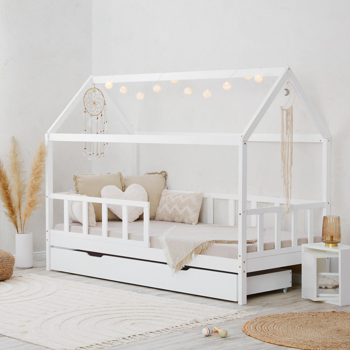 HAUSBETT 90/200 mit Rausfallschutz Weiß - Weiß, Holz (207/158/96cm) - Homestyle4u