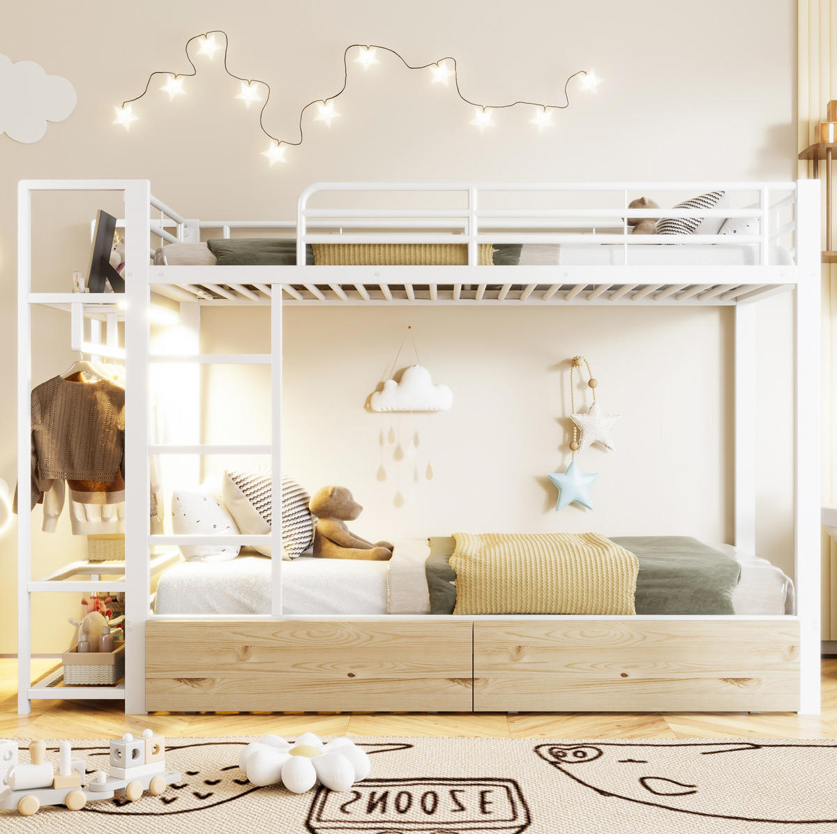 ETAGENBETT 90/200 cm Weiß mit LED, Schubladen und Wäscheständer ohne Matratze - Weiß, Metall (90/200cm) - MIVRAY