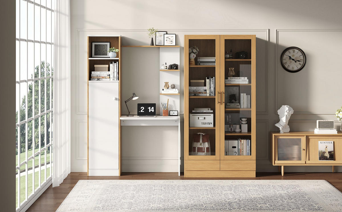 GLASVITRINE 80x40x160cm Holzfarbe Büroregal Push-To-Open-Schubladen - Naturfarben, Holz (40/160/80cm) - FLIEKS