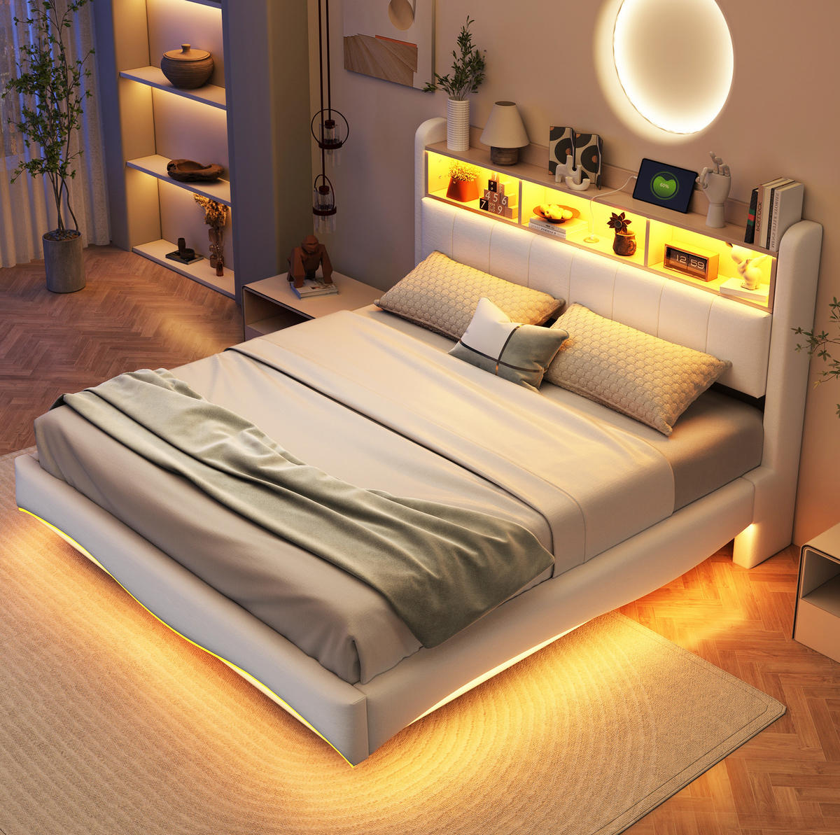 ČALÚNENÁ posteľ z látky 160x200 cm béžová s LED osvetlením, USB a USB-C, odkladacím priestorom - béžová, textil (160/200cm) - Modfu