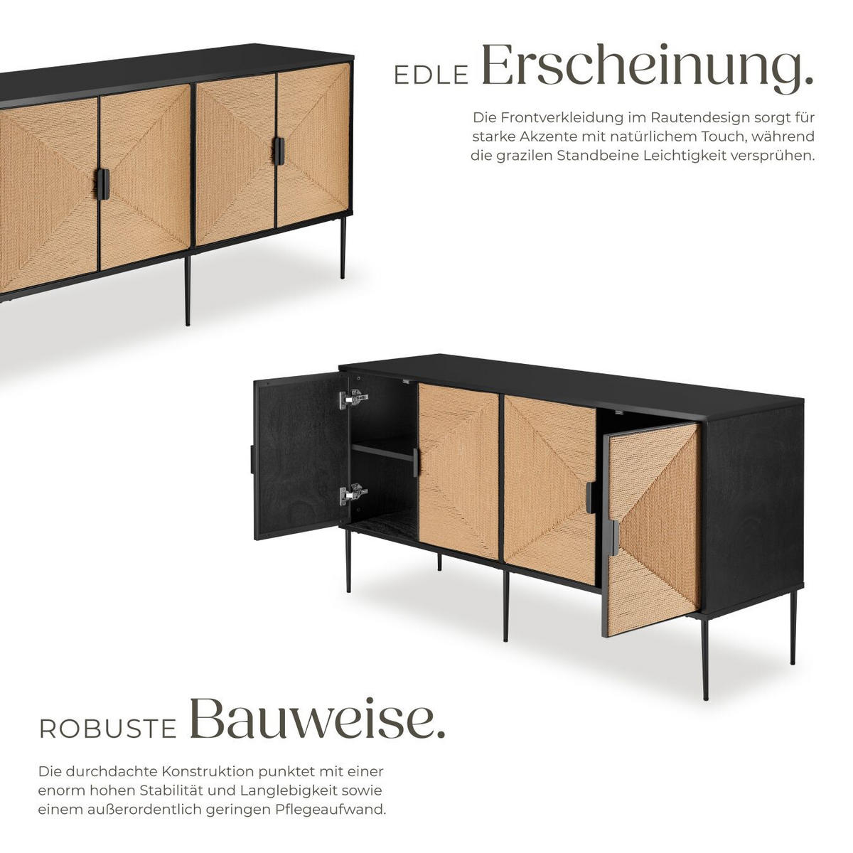 SIDEBOARD Juna,150 x 47 x 77 cm, höhenverstellbare Füße,schwarz/braun - Schwarz/Braun, Holz (150/77/47cm) - tectake