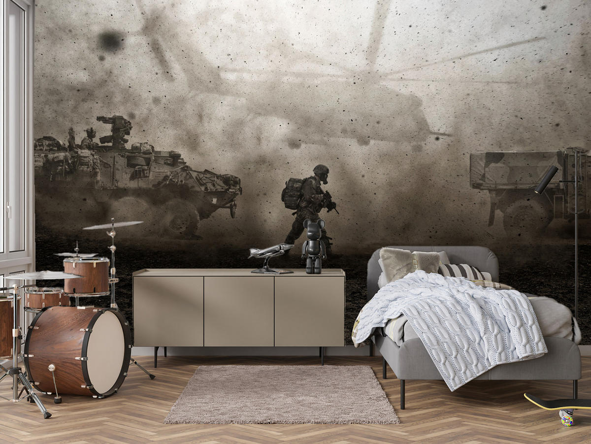 FOTOTAPETE für Jugendzimmer Wüste Militär Hubschrauber Panzer 200x140 - Beige/Schwarz, Papier (200/140cm) - Muralo