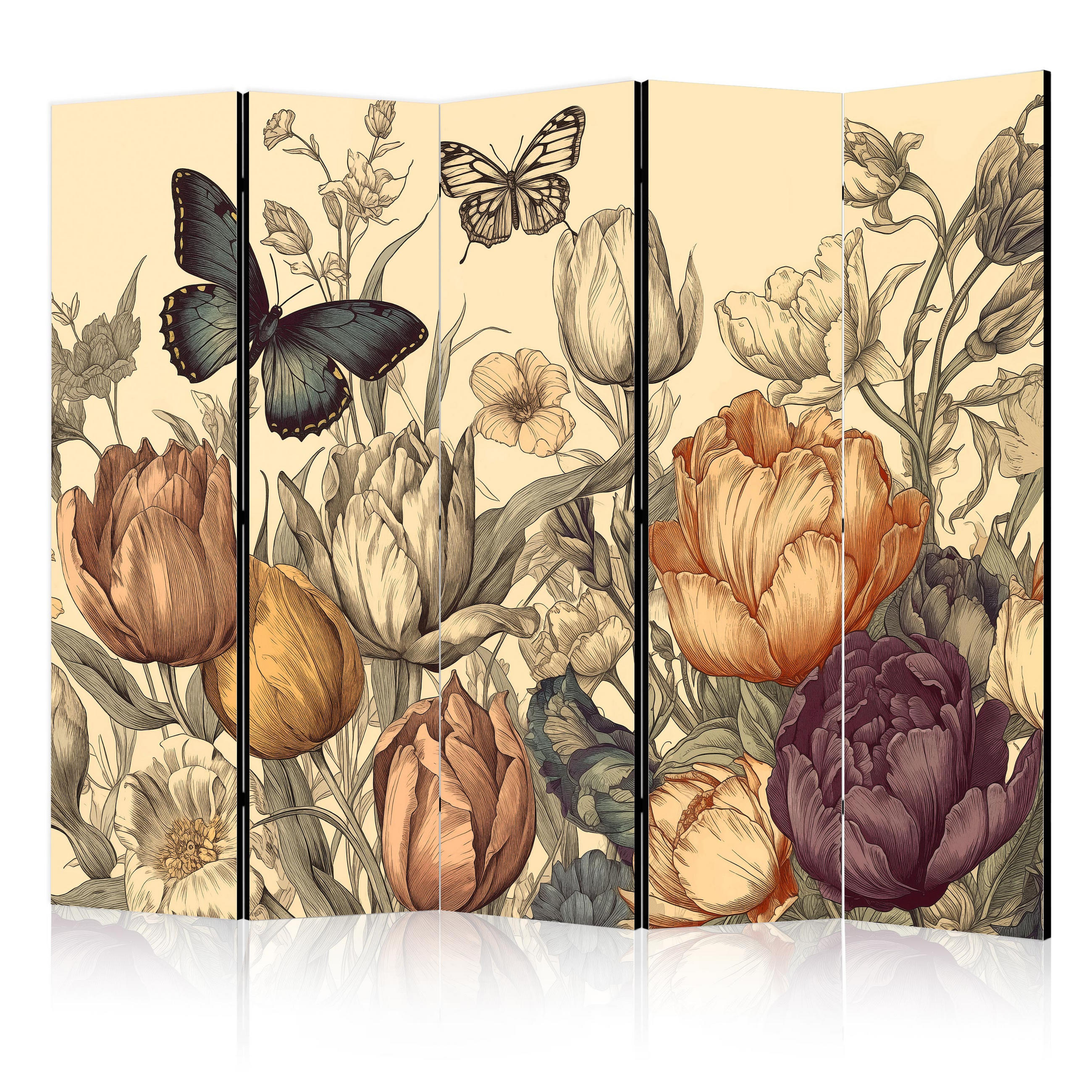 PARAVÁN Akustický 5-dielny 225x172 cm Tulipány v Retro - viacfarebná, drevo/textil (225/172/3cm) - Muralo