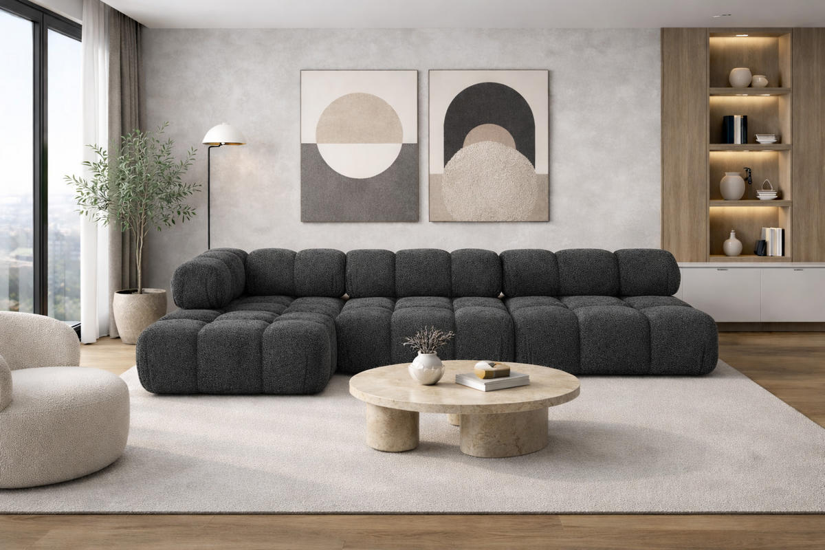 ECKSOFA L-Form Modulare, Bouclé-Stoff Abriamo, Graphit, Links, Selia - Graphitfarben, Holz (285/160cm) - Kaiser Möbel