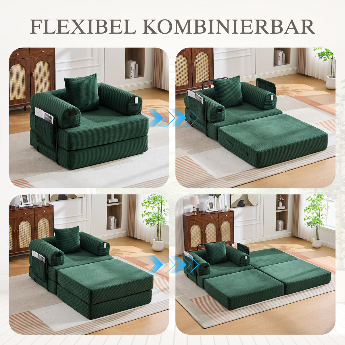 SOFA Cord Smaragdgrün mit Hocker und Kissen - Smaragdgrün, Textil/Metall (112/67/190cm) - WISHDOR