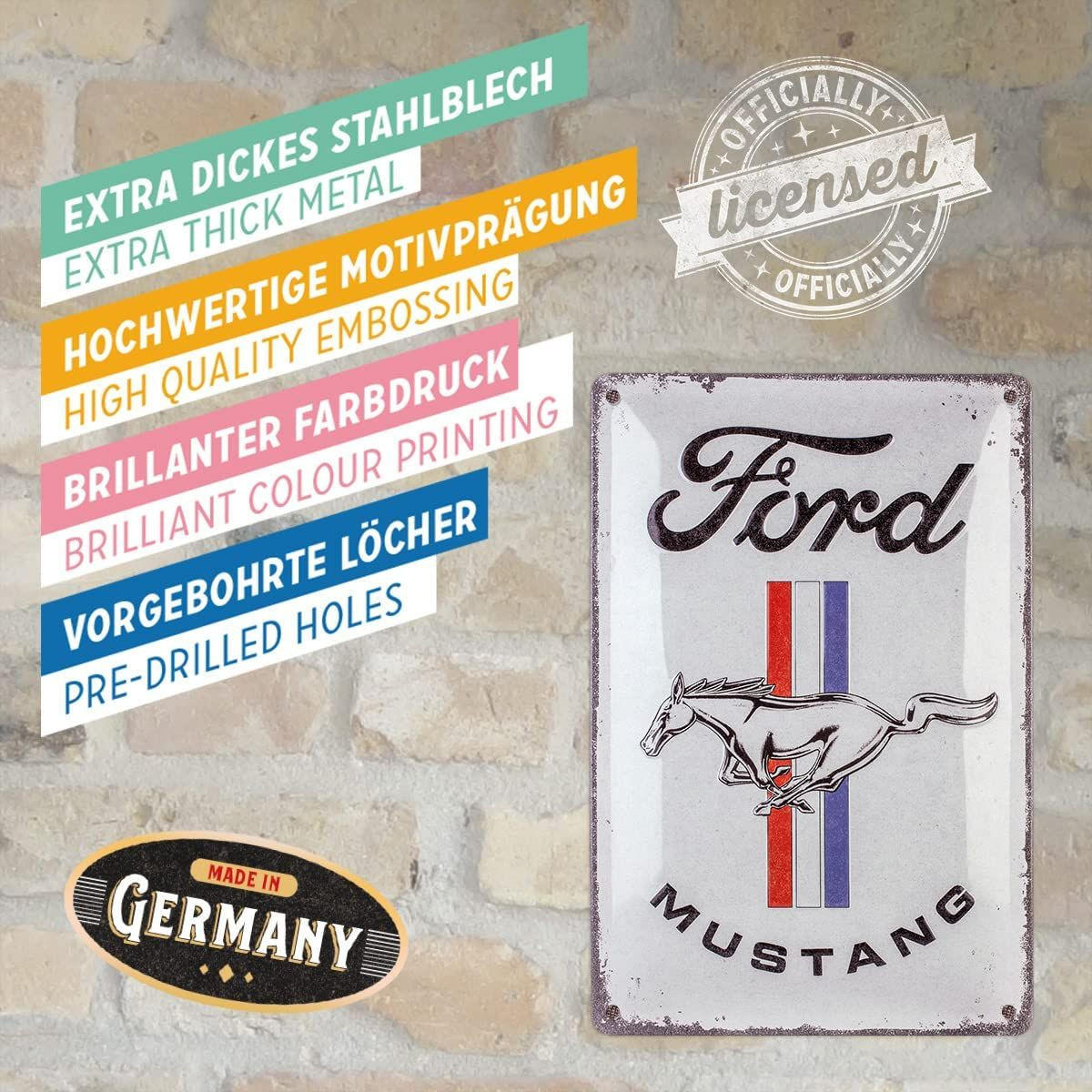 BLECHSCHILD 20/30 cm Ford Mustang Horse & Stripes Logo - Multicolor, Metall (20/30/0.2cm) - Nostalgic-Art