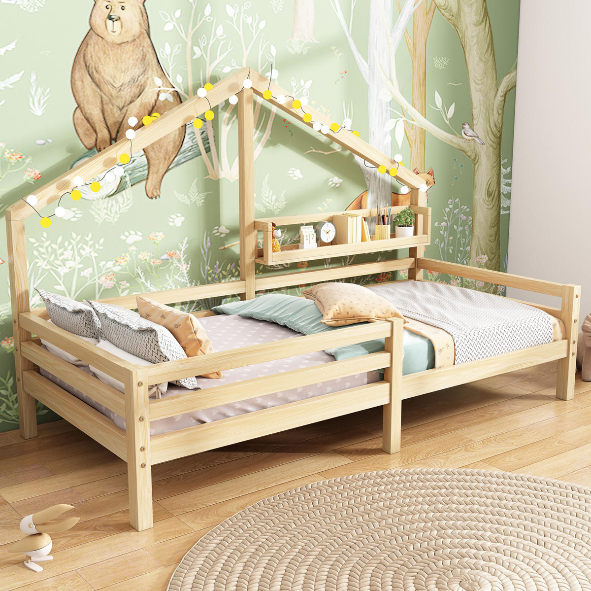 HAUSBETT 90/200 cm Natur aus Kiefernholz mit Ablageregal - Naturfarben, Holzwerkstoff (90/200cm) - OKMYHOME