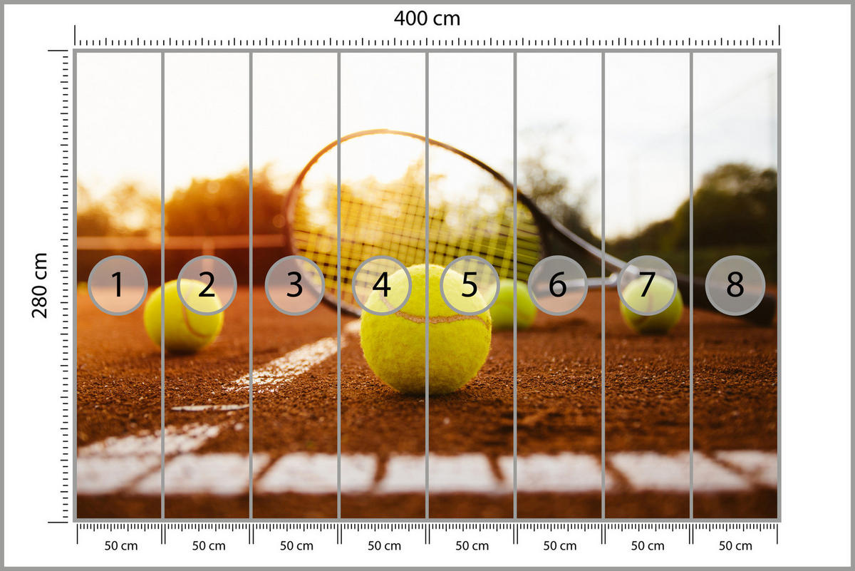 FOTOTAPETE für Jugendzimmer Tennisschläger Court Sport Ball 400x280 - Gelb/Orange, Papier (400/280cm) - Muralo