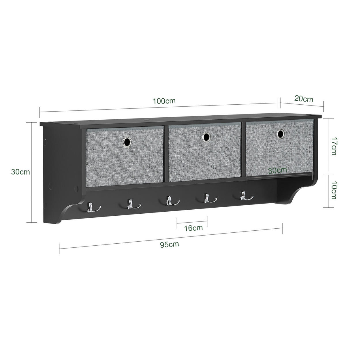 WANDGARDEROBE Schwarz - Schwarz, Holzwerkstoff (100/30/20cm) - SoBuy
